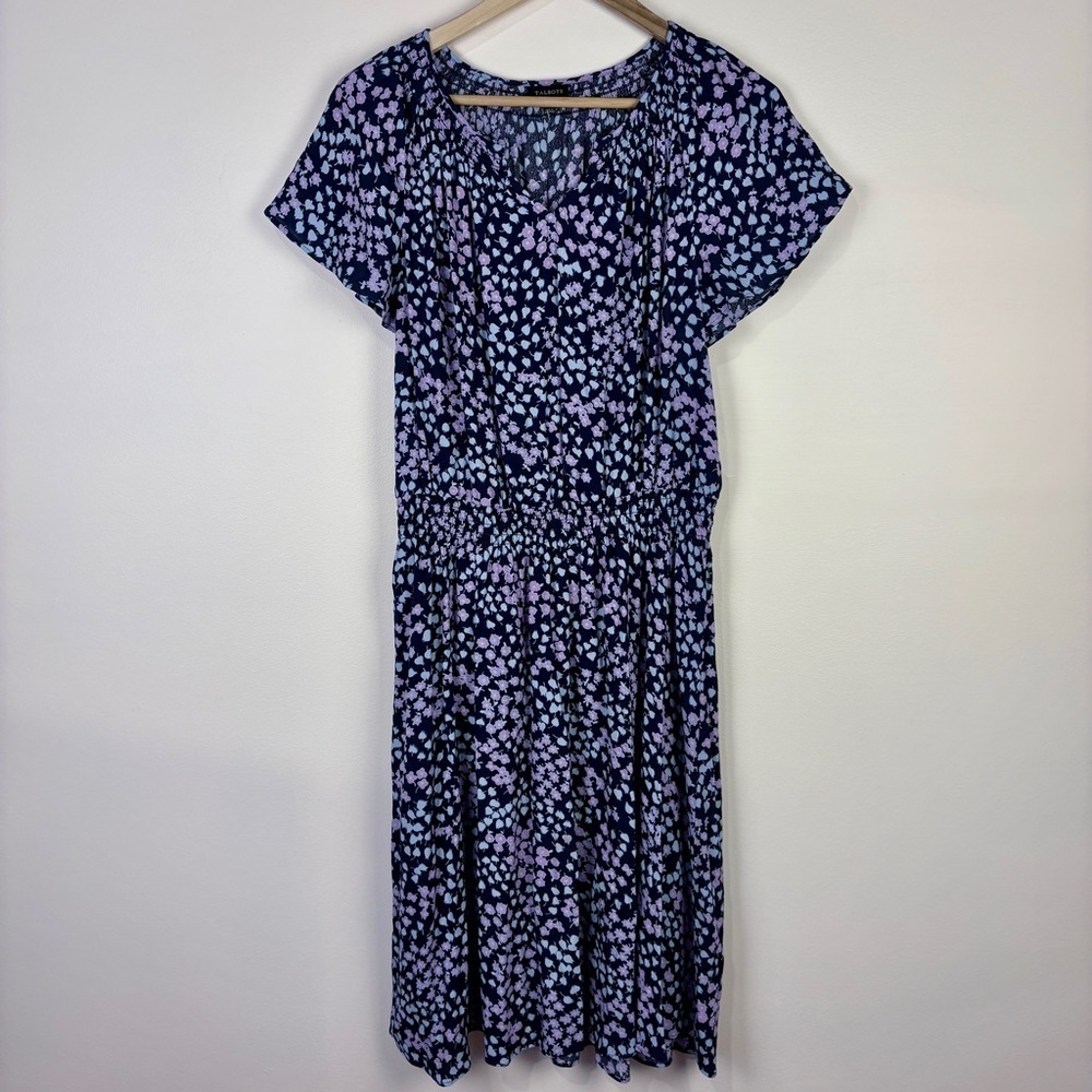 Talbots Blue Floral Midi Dress Short Sleeve Smocked Women's Large Garden Party